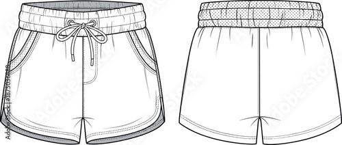 Women's activewear shorts technical drawing flat sketch with pockets and curved hem vector template design.