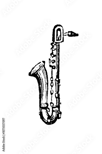 Canvas Print Saxophone with keys and bell, showing Adolphe Sax's innovative brasswind design for jazz and military band music, old vintage illustration, 1897