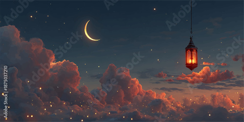 Magical night sky with crescent moon and hanging lantern
