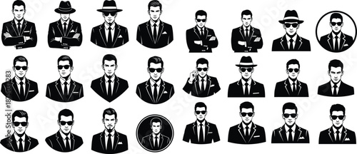 Set of diverse black silhouette men in suits, formal portraits and icon collection