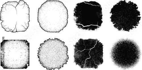 Set of eight unique grunge splatter stain elements for distressed effects and textures