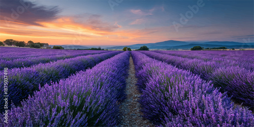 Vast lavender fields at sunset, purple flowers landscape