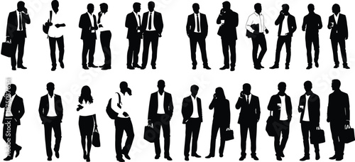 Set of standing business people silhouette talking, walking, using phone, and holding bags