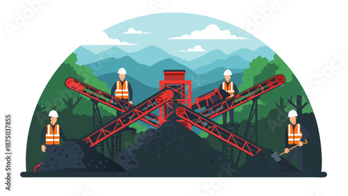 Vector illustration of workers operating heavy machinery in a mountainous landscape
