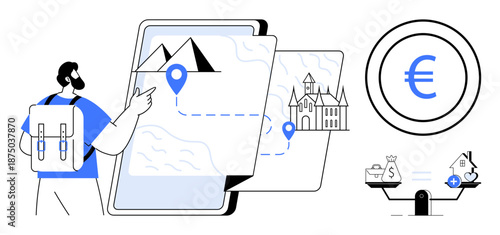 Travel planning. Exploring destinations with interactive maps and location markers. Travel planning includes budgeting, choosing routes, and balancing costs. For tourism, budget optimization, apps