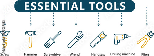 Essential Tools Infographic 7 Construction and Maintenance Icons with Yellow Accents for Manuals, DIY Projects and Industrial Safety Guides