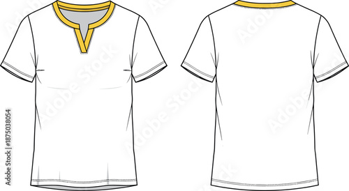 Women's white split neck t-shirt vector flat sketch featuring yellow collar detail front and back technical fashion illustration.