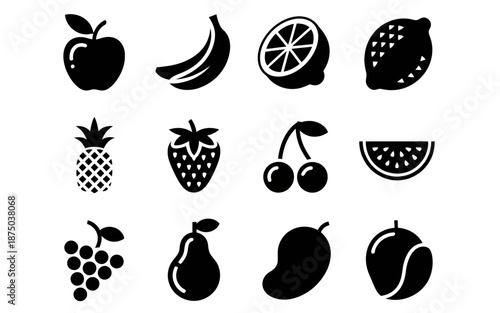 A Collection of Black and White Fruit Including Apple Banana Orange Pineapple Strawberry Cherry