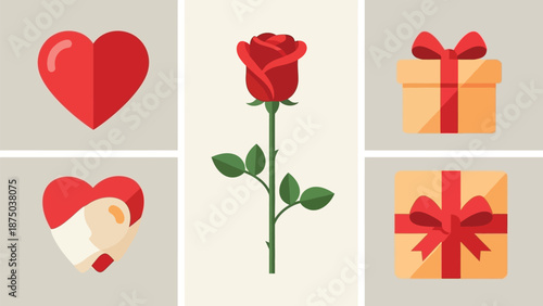 A collection of romantic love symbols featuring a red rose hearts and beautifully wrapped gift boxes arranged in a grid design