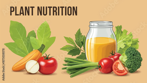 Illustration depicting essential plant nutrition sources including fresh vegetables and a vibrant glass jar filled with rich orange juice