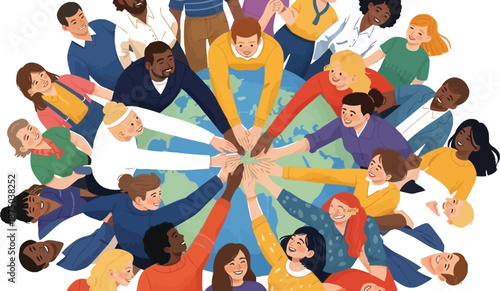 Diverse group of happy people from around the world forming a circle around the globe with hands joined in the center symbolizing unity