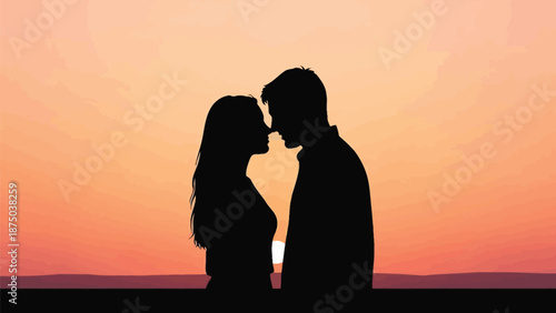Silhouette illustration depicts a romantic couple sharing an intimate moment under a warm orange sunset sky symbolizing enduring love and partnership