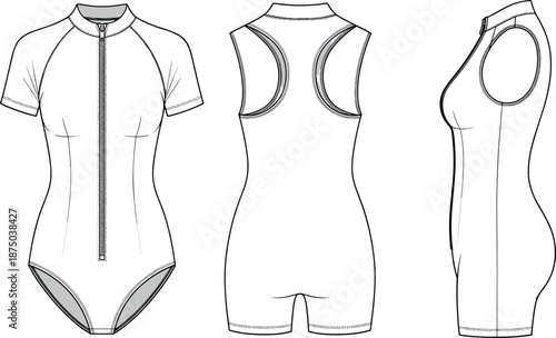 Women's zipper bodysuit and jumpsuit technical fashion flat sketch vector illustration front back and side views.