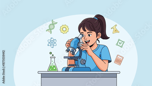 Excited young female student intently looking through a blue microscope while surrounded by science and math symbols representing learning and discovery