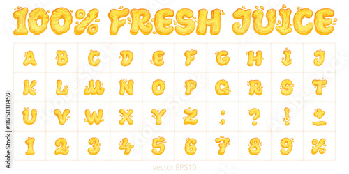 100% Fresh Juice Liquid Typography Set. Realistic Orange Juice Alphabet with Splashes, Numbers, and Symbols. Vibrant 3D Font for Beverage Branding, Fruit Drink Packaging, and Summer Advertising