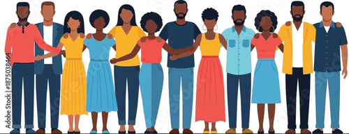 Diverse group of happy black men and women standing shoulder to shoulder in solidarity demonstrating unity and strong community connection