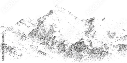 A detailed black and white illustration of rugged snow-capped mountain peaks