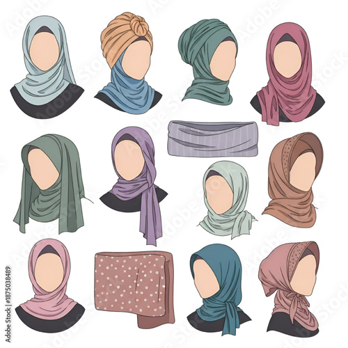 Diverse Hijab Headscarves Collection Illustration Set on White Background