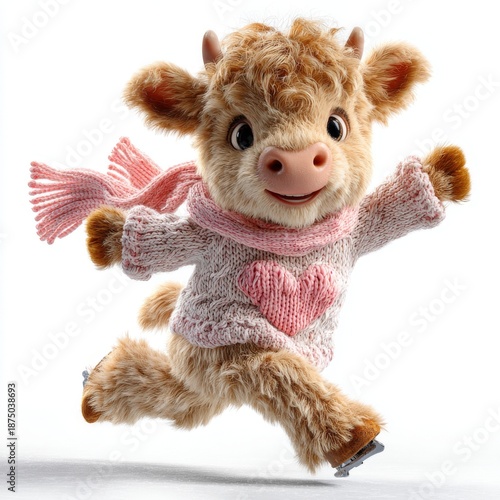 A highland cow glides on a pink skate, embodying a Valentine's Day concept