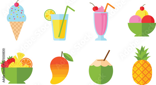 Colorful ice cream fruit desserts and refreshing drink icons vector set with smoothies juices and tropical treats