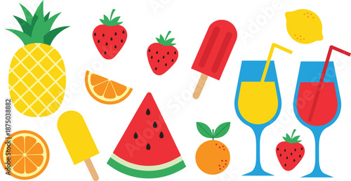Colorful summer fruits ice pops and refreshing drinks vector set with pineapple strawberry watermelon citrus illustration