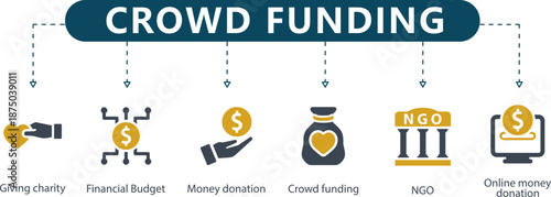 Crowdfunding Infographic 6 Philanthropy and NGO Icons with Gold Accents for Charity, Donation Drives and Startup Financial Presentations