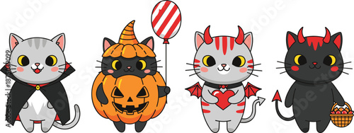 Cute Halloween cats in costume vector set with vampire pumpkin devil outfits candy and festive cartoon characters