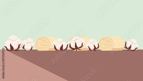 A minimalist illustration of cotton bolls and rolled fabric in a row against a muted background
