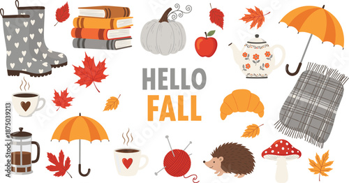 Hello Fall autumn vector illustration with cozy seasonal elements leaves pumpkin umbrella coffee books and warm hygge items