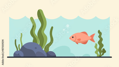 A minimalist illustration of a single goldfish swimming in an aquarium with seaweed and rocks