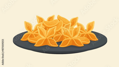 A minimalist illustration of golden, star-shaped fried snacks piled on a dark plate