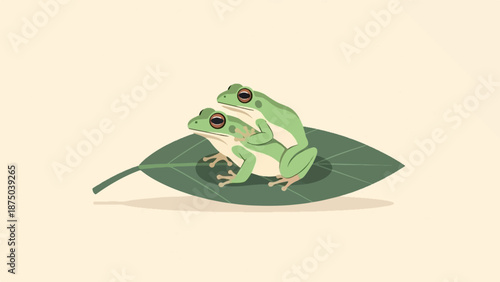 A minimalist illustration of two green tree frogs mating on a single leaf against a cream background.