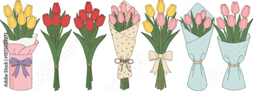Spring tulip flower bouquets vector set with pastel wrapping paper ribbons and decorative floral arrangements