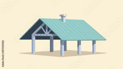 A minimalist pixel art illustration of an open-sided pavilion with a teal metal roof and chimney