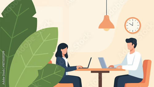 A minimalist illustration of two people working on laptops at a table in a modern, plant-filled space