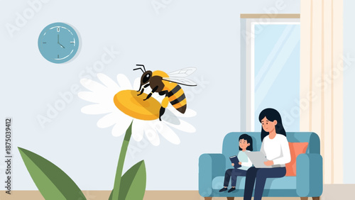 A mother and child reading on a couch in a room with a giant bee on a daisy in the foreground