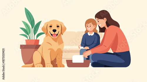 A mother and daughter on the floor, happily bonding with their adorable golden retriever puppy at home