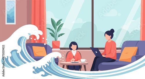 A mother and daughter calmly work and draw in their living room as giant waves flood the space
