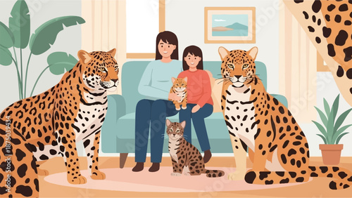 A mother and daughter on a sofa surrounded by large spotted cats and kittens in a cozy living room