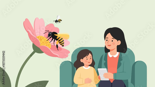 A mother and daughter on a sofa learn about bees and flowers together using a digital tablet