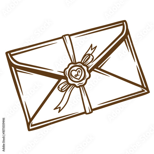 Vintage Brown illustration of a sealed envelope with a heart shaped wax seal on transparent background