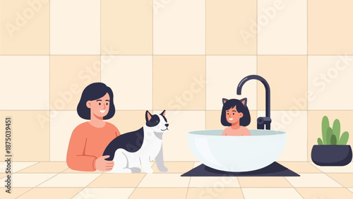 A mother and her cat watch a smiling child with cat ears bathing in a bathroom sink illustration