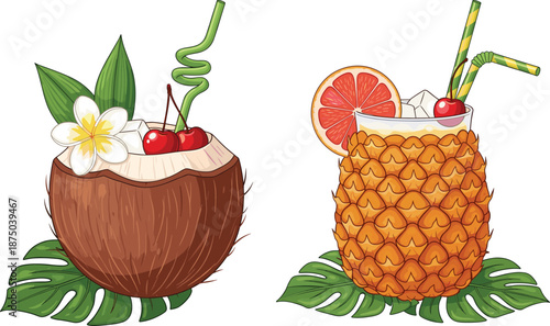 Tropical coconut and pineapple cocktail drinks vector illustration with flowers cherries citrus slices straws and palm leaves