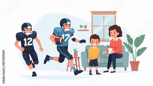 A mother and son watch as two cartoon football players run through their modern living room scene