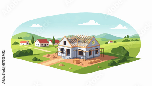 A new house under construction with an exposed roof frame in a peaceful rural village setting