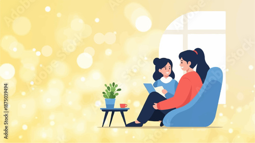 A mother and daughter reading a book together in a cozy chair by a window with a warm bokeh background.