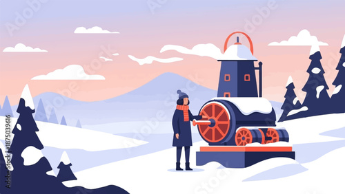 A person in a winter coat operates an old-fashioned machine in a snowy mountain landscape at dusk