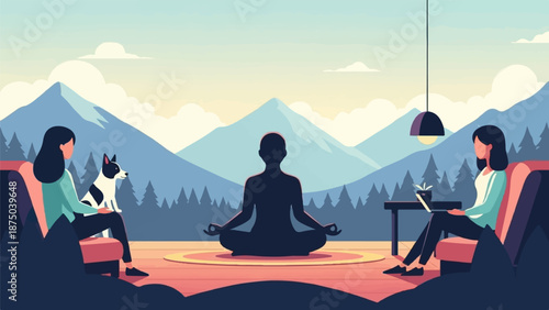 A person meditates between two women relaxing indoors with a vast mountain landscape outside