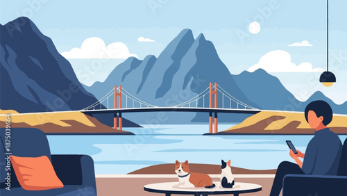 A person relaxes with pets in a room with a scenic view of a large suspension bridge and mountains