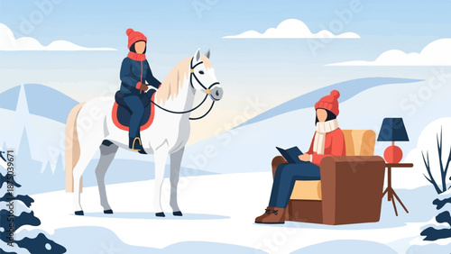 A person rides a white horse in a snowy landscape, while another reads a book in an armchair outside